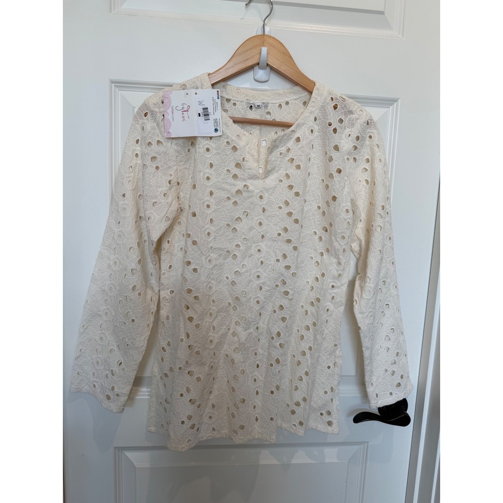 The Imprint Collection byTavi Cream Eyelet Embroidered Split Neck Tunic Top M N